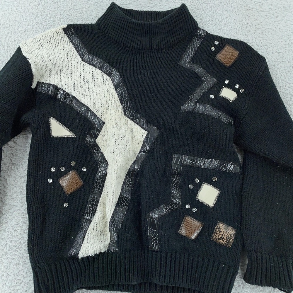 Vintage Spice of Life Sweater Womens Medium Black Turtleneck Abstract Design 80s